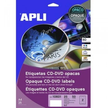 ETIQUETA CD-DVD 117/18 MM. DORSO OPACO 25 HOJAS A4 50 UNIDADES ADHESIVO PERMANENTE APLI
