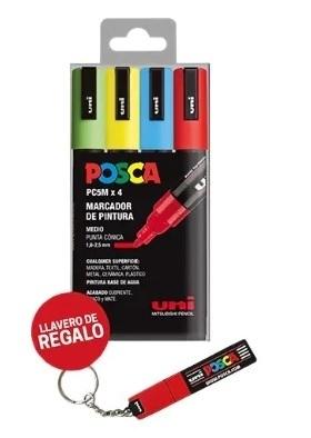 ROTULADORES POSCA (PACK 4 UDS) PC-5M BASE AGUA 1,8mm-2,5MM COLORES SURTIDOS + LLAVERO REGALO REF. 182634960